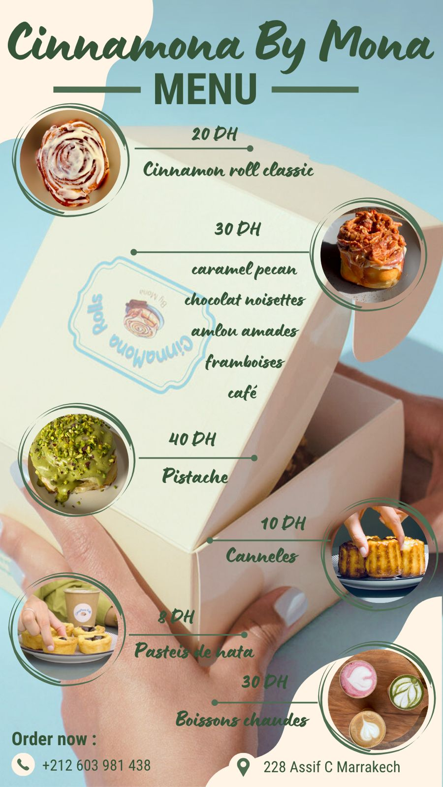 Affiche menu Cinnamona by Mona photographiée sur un plan de travail